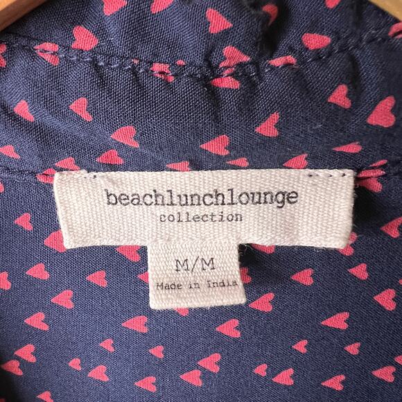 Beach Lunch Lounge Top Womens Size Medium Navy & Red Tiny Heart Print Buttons - Picture 2 of 16